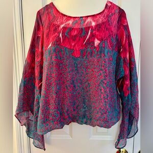 Marianne sz XL Blouse, sheer Boho w/ stretchy camisole, pink/turquoise, EUC